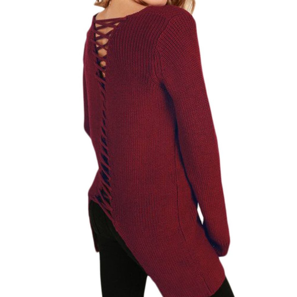 Dark Red/Burgundy Lace-up back Sweater - Picture 2 of 4